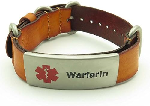 IDtagged Men's Tan Leather Warfarin Medical ID Bracelet Adjustable Length w/ Matte Stainless Steel Tag