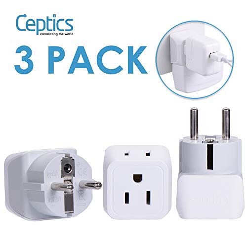 Schuko Germany, France Plug Adapter by Ceptics, Dual Input - Ultra Compact Light Weight - Usa to Russia, South Korea Travel Adaptor Plug - Type E/F (3 Pack)