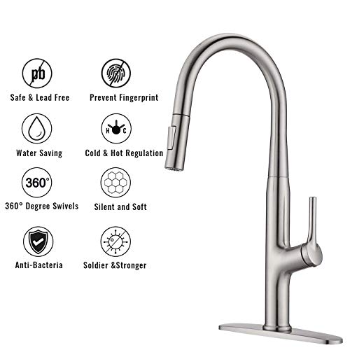 Besfelos Kitchen Faucet with Pull Down Sprayer, Single Handle Commercial Pull Out Sink Faucet, Single Handle Stainless Steel Kitchen Sink Faucets with Single Hole Deck Plate, Brushed Nickel