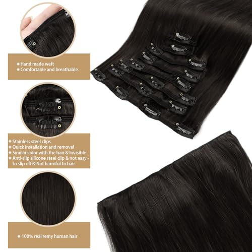 ABH AMAZINGBEAUTY HAIR Clip in Hair Extensions - Real Human Hair, Black, Invisible, Straight, Double-side Skin Wefts, Off Black #1B, 8Pcs With 18 Clips, 120G, 20 Inch