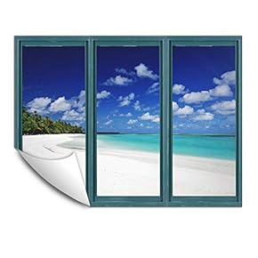 Wall Murals for Bedroom Fake Window Beach Blue Window Removable Wallpaper Peel and Stick Wall Stickers - 24x32 inches