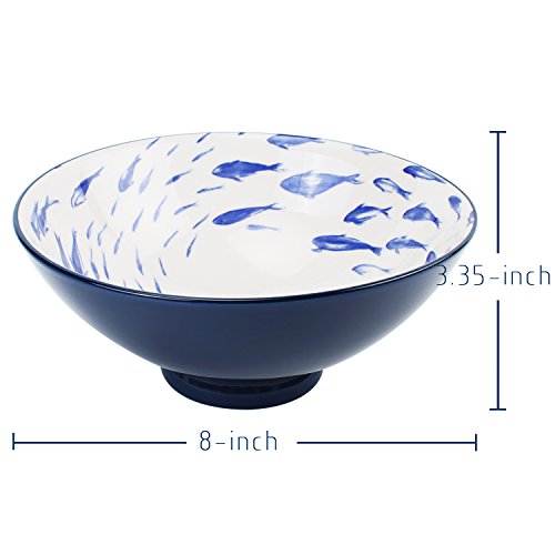 YALONG 40-Ounce 8 inch Porcelain Blue Serving Bowls for Soup Salad Ramen Pasta with Fish Design, Pho bowl Set of 4