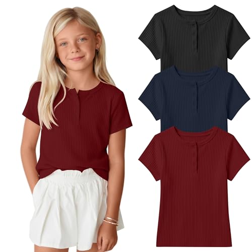 Girls Ribbed Henley T Shirts 3 Pack