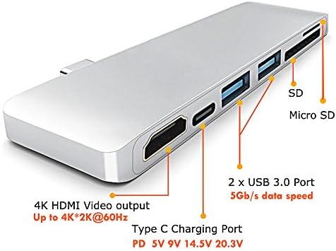 USB C Hub, Huatop 6 in 1 Type-C Hub Adapter w/ 2 USB 3.0 Ports, Type C Charging Port, 4K HDMI Output Port, SD/Micro SD Card Reader for MacBook, Chromebook Pixel and Type-C Windows Laptops