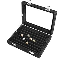 Pasutewel Earring Storage Case 7 Slots Ring Velvet Display Case Box Earring Ring Organizer Velvet Jewelry Tray Cufflink Storage Showcase with Clear Glass Lid Black