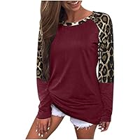 KANGMOON Women Leopard Print Color Block Shirts Crewneck Sweatshirts Casual Long Sleeve Patchwork Pullover Tops BlousesS-XXL Wine