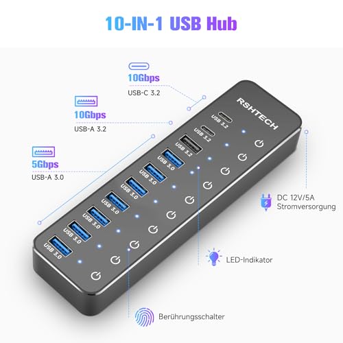 USB Hub Powered, RSHTECH USB 3.2/USB C Hub 10 Ports with USB-A 3.2 and 2x USB-C 3.2 10Gbps Data Ports, 7 USB-A 3.0 Ports and 12V/5A 60W Power, Individual Switches USB HUB, RSH-ST10C