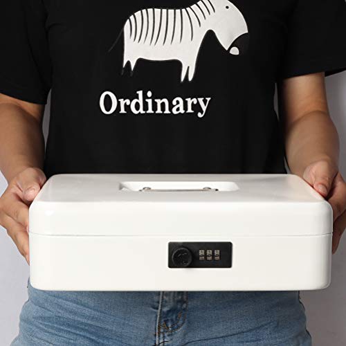 Safe Metal Cash Box with Money Tray & Combination Lock, Decaller Large Lock Storage Money Box with 5 Compartments Cash Tray, 11 4/5" x 9 2/5" x 3 1/2" (Large, White)