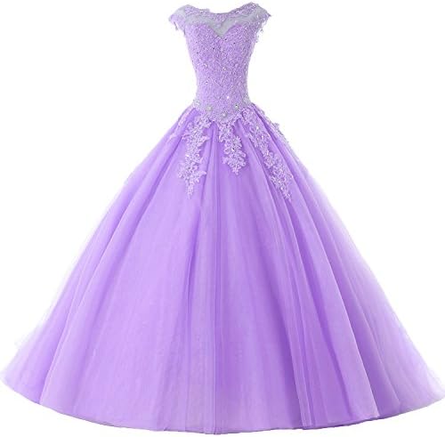 PEBridal Womens Beaded Quinceanera Dress Sweet 16 Ball Gown Cap Sleeve Prom Gowns US20 Lilac