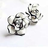 Women Ladies Graceful Ear Stud Black & White Resin Rose Flower Earrings Ear Nail