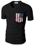 H2H Mens Casual V-neck Short Sleeve T-shirts with American Flag Chest Pocket