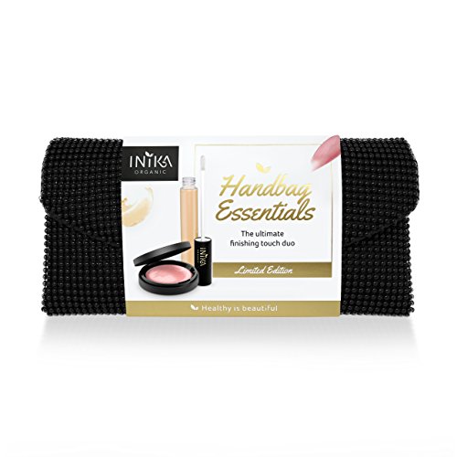 INIKA Handbag Essentials Kit, Beauty Gift Sets, Certified Organic Lip Serum (5ml), Certified Organic Cream Illuminisor Rose (4g), Party Clutch