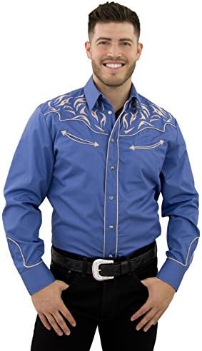 STARR Western Cowboy Shirt for Men by Snap Front, Long Sleeve, Embroidered, Retro | Flame Design, Smile Pockets | Trim Fit SHC001-DENIM-Size-L