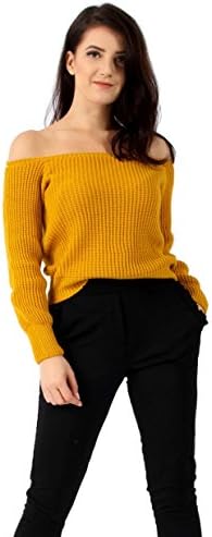 Missi London New Womens Ladies Bardot Knitted Off Shoulder Long Sleeve Jumper (Mustard, M)