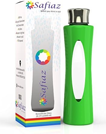 Premium Glass Water Bottle, By Safiaz, with Silicone Sleeve (20 Fl Oz) Bpa-free Glass, Eco Friendly, Durable, Reusable, Leak-proof, Dishwasher Safe, Drinking Bottles for Outdoors, Sports, (Green)