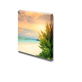 Canvas Prints Wall Art - Over Water Bungalows with Steps into Amazing Green Lagoon on Sunset - 12" x 12"