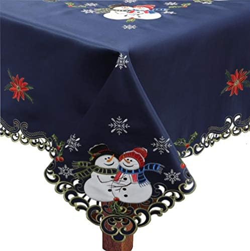 Creative Linens Holiday Christmas Tablecloth 68" Square with 8 Napkins Embroidered Snowman Snowflake Poinsettia Winter Table Linen Blue Gold