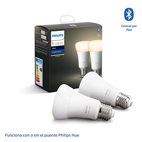 Philips-Hue-Pack-de-2-Bombillas-LED-Inteligentes-E27-con-Bluetooth-Luz-Blanca-Clida-Compatible-con-Alexa-y-Google-Home