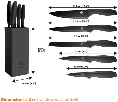 MasterChef Set Coltelli da Cucina con Ceppo Universale, Portacoltelli con Lama Affilato per Pane, Carne, Verdure e altro, Acciaio Inox, Prova di Calore, Manici Neri, 5 Pezzi, Nero