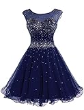 DianSheng Women's Short Tulle Beading Homecoming Dress Graduation Gown Navy Blue US16