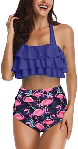 Heat Move Women Retro Flounce High Waisted Bikini Halter Neck Two Piece Swimsuit