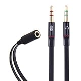 HTTX 3.5mm Female to 2 Male Gold Plated Headphone Mic Audio Y Splitter Flat Cable, (Black, 2-Pack)