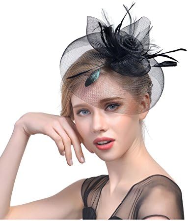 Hat Fascinator with Mesh Ribbon and Black Bow Feather Cocktail Party Hair Clip (C Black)