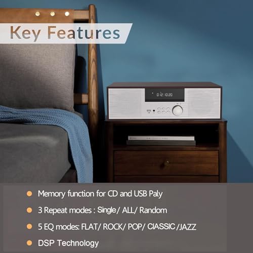 LONPOO Stereo Shelf System for Home, Vintage CD Player 40W RMS Micro Mini System with Remote Control, Bluetooth, FM Radio, USB MP3 Playback & Aux-in,Silver