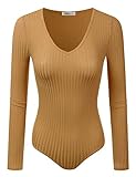 Doublju Stretchy V-Neck Rayon & Ribbed Knit Bodysuit (Made In USA / Plus size available) MUSTARD SMALL
