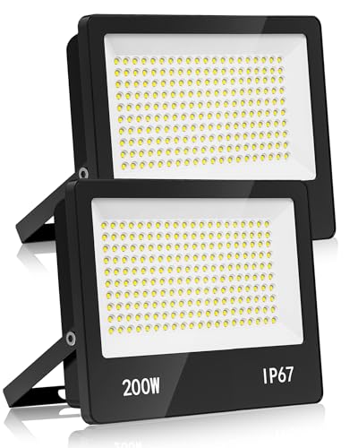 200W 2PCS 20000LM Powerful Outdoor LED Spotlight 6500K Cool White IP67 Waterproof Security Lighting for Garden, Patio, Garage, Terrace, Warehouse