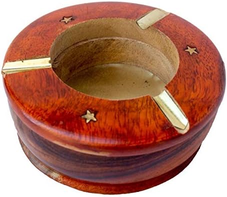 KRAFTS KING Handmade Carved Wooden Round Ashtray with Brass Work for Home, Office & CAR|3 Slots for Cigarette|Home and Office Table DECORARTIVE