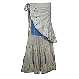 Mogul Interior Women's Ruffled Wrap Skirt Off-White Printed Silk Sari Beach Party Skirt M