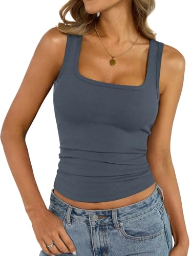 EasyGala Womens Cotton Ribbed Square Neck Tank Tops Fitted Sleeveless Shirt at Amazon