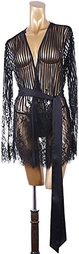 Selebritee Womens Sexy Lace Babydoll Lingerie Long Sleeve Nightgown With G-string Belt Sleepwear Set M Black