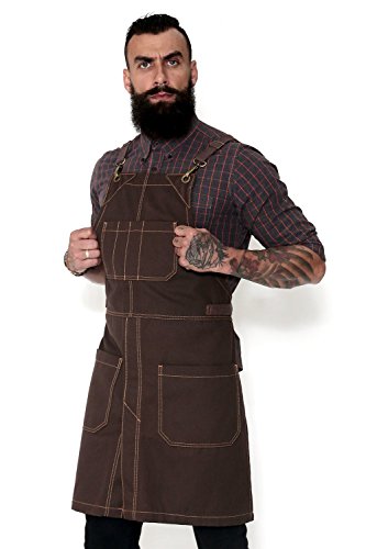 Cross-Back Apron - Coffee Brown Canvas - Split-Leg - Brown Leather