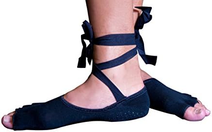 Toeless Ballet Socks | Non Slip Dance Barre Grip Socks w/ Ribbons | Yoga/Pilates Socks By Frank Frog (Black, Youth/Adult)