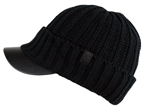 Men's Winter Visor Beanie Knitted Hat With Faux Leather Brim (BLACK)