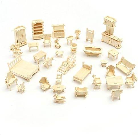 New Brand DIY Mini 34pcs/set Wood Model Furniture Miniature Kids Educational Dollhouse Furniture 3d Woodcraft Puzzle Model Kit handmade Toys Children gift