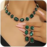 Chargances Bridal Wedding Jewelry Set Gold Green Rhinestone Necklace Earrings Set Geometry Drop Earring for Women and Brides