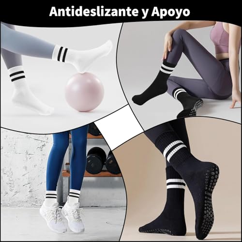 6 Pares Calcetines de Yoga para Mujeres, Calcetines Antideslizantes Algodon, Calcetas Largos de Pilates, Calcetas Deportivos Transpirables, Adecuado para Ejercicio, Fitness, Barre