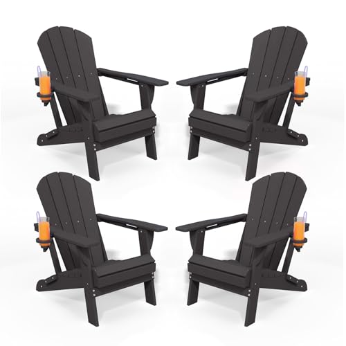 Patio Kingdom Folding Adirondack Chairs with Cup Holders, Set of 4 HDPE Plastic Outdoor Chairs, Weather Resistant, Real Wood Look, Heavy-Duty Patio Furniture for Deck, Fire Pit, Backyard, Black