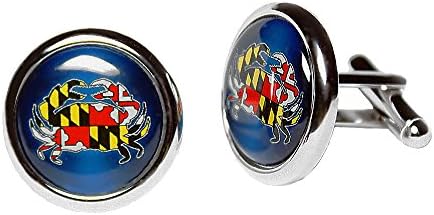 Maryland Flag in Crab Against Blue Silver Plated Designer Cuff Links Shirt Wedding Business