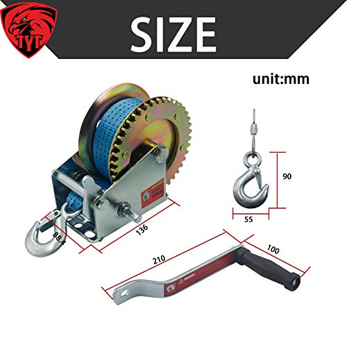 TYT 1200lbs Heavy Duty Boat Trailer Winch, 8M(ft) Nylon Strap and Hook Manual Hand Winch, Two Way Ratchet with Safety Pawl for ATV Boat Trailer Truck Winch Pulling (Blue Strap) - Image 3