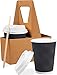 VANAKI 85 Sets - 12 Oz Disposable Paper Coffee Cups with Lids + Wooden Stirrers + 5 [BONUS] Carriers - Triple Layer Insulated Togo Hot Cups - Leak Proof Reusable Paper Cup and Lid - Fully Recyclable