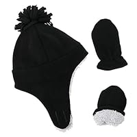 YR.Lover Little Boys and Baby Sherpa Lined Winter Warm Hat Mitten Set Black