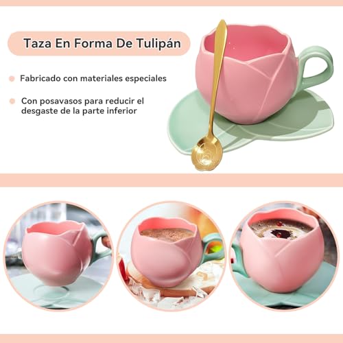Taza de Café,Taza De Tulipan con Cuchara y portavasos,Juego de Tazas,Hermosa Taza En Forma De Tulipan,con plato y cuchara de cerámica.,para Regalos Mamá, Mujer, Cumpleaños y San Valentín(Rosa)