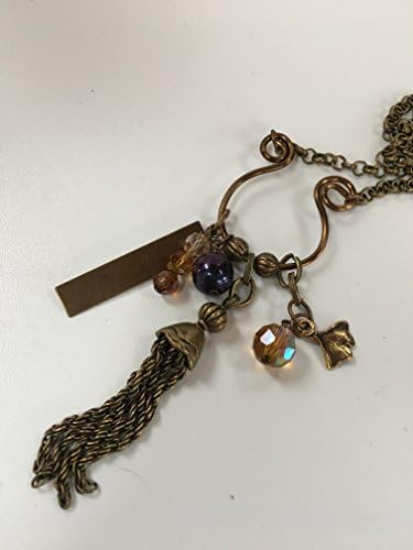 Antique Brass Charm Necklace - Morrocan Tassel Charm and a Brass Ginglko Leaf Charm - Crystal Accent Beads - Rolo Chain - 30" Length