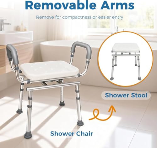 Swivel Shower Chair with Armrest and Backrest - Adjustable Height and Heavy Duty (250kg) - Safe Bath and Shower Stool for Elderly and Disabled People - For