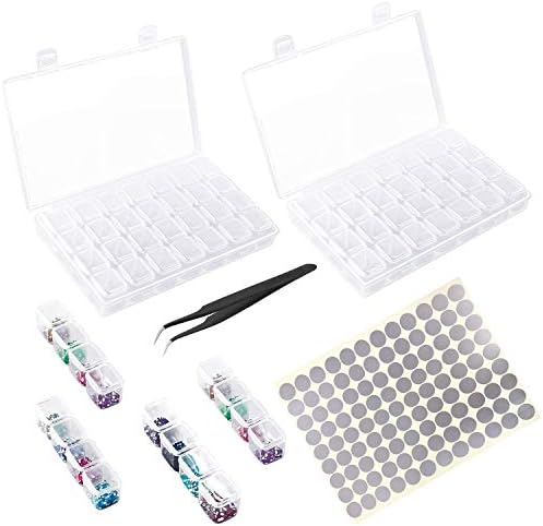 28 Grids Diamond Painting Box Nail ACCY Storage Case Diamond Embroidery Rhinestone Accessories Boxes Cross Stitch Containers for DIY Art Craft - Dividers Box Organizer + Tweezer + Label Marker Sticks