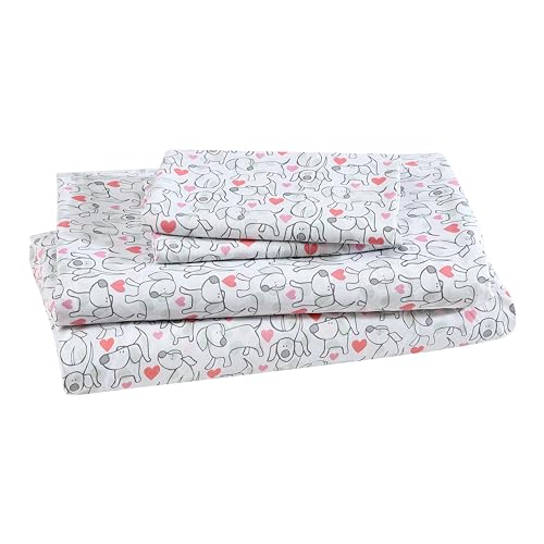 Beatrice Home Fashions Printed Microfiber Sheet Set, Soft Comfortable Easy Care, Includes 1 Fitted Sheet with 12 Deep Pockets, 1 Flat Sheet, Pillowcase, King, Hearts & Hounds